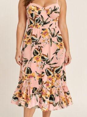 Chance & Destiny Pink Floral Midi Dress Size L NWT